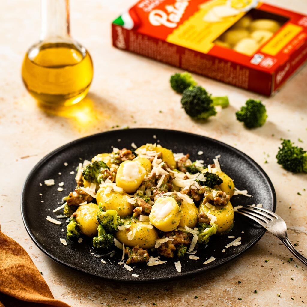 Italian Cheese Stuffed Gnocchi with Sausage and Broccoli