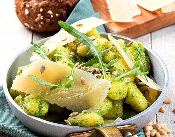 Gnocchi with Rocket Pesto and Toasted Sunflower Seeds
