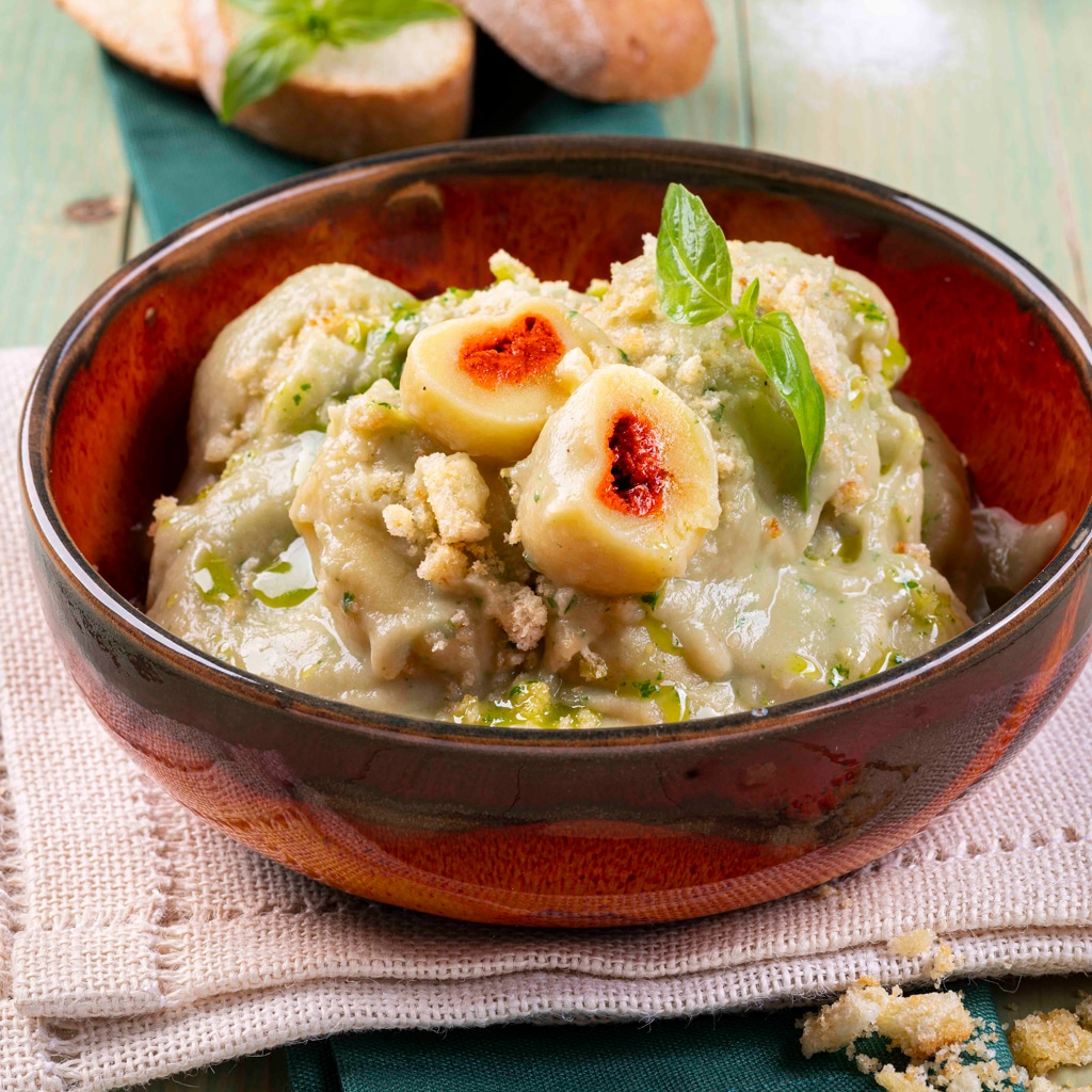 Tomato and Mozzarella Stuffed Gnocchi with Eggplant Cream