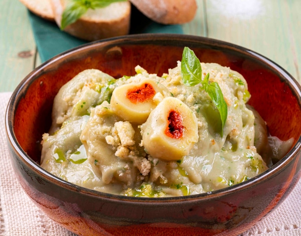 Tomato and Mozzarella Stuffed Gnocchi with Eggplant Cream